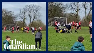 Goalkeeper's scores spectacular overhead kick in last minute of the game