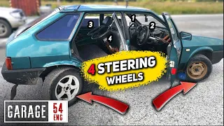 Driving a car with one steering wheel for each wheel