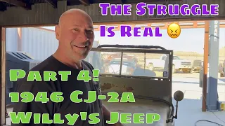 Part 4! 1946 CJ-2a Willys Jeep! Ian Roussel Repositions The Engine. Will The Hood Have To Be Cut? 🤔