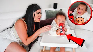 Giving Our BABY AN ENERGY DRINK Prank On Wife! *bad idea*