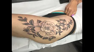 Flowers Tattoo - Whip Pepper Shading ,Time Lapse and Real Time , Black and Grey Tattoo