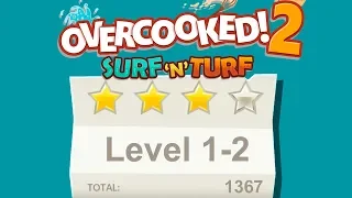 Overcooked 2. Surf 'n' Turf DLC. Level 1-2. 4 Stars. 2 Player Co-op