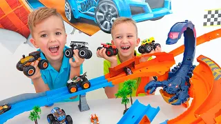 Vlad y Niki recoger coches de juguete  Hot Wheels Monster Trucks