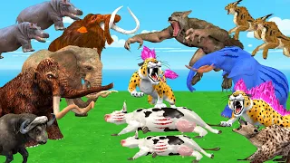 10 Mammoth Elephant T-Rex vs 2 Giant Lion Tiger Attack 5 Cow Buffalo Saved By 10 Woolly Mammoth