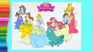 Coloring Princesses in Floral Dress Aurora Jasmine Cinderella Ariel Belle - Disney Coloring Pages