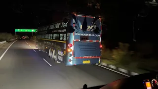 SCANIA MULTIAXLE CHASING VOLVO B11R at full speed 120 kmph dangerous overtaking skilled driving