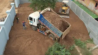 Best Technique Pushing Soil In Stone Fence  With Dozer Komatsu D31 And Dump Truck 5 Ton