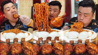 Mukbang ASMR Taste delicious food 🍗 Xiaofeng Eating Fry Chicken thighs 4, Fried Noodles, Egg Boil 4