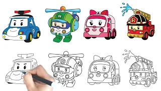 Easy Drawing robocar poli, helly,amber and roy for kids!