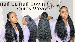 HOW TO DO | HALF UP HALF DOWN QUICK WEAVE DETAILED TUTORIAL | $12 Breezy Wave Hair