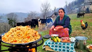 Delicious Uzbek Pilaf Prepared in the Village