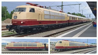 Mit der Schnellfahr-Ellok BR103 und dem Bundesbahn-IC der 1980er Jahre nach Lindau im Bodensee