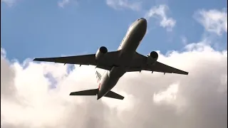 American Airlines Boeing 777-200 Takeoff from a windy London Heathrow airport