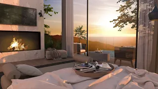 4K Cozy Hotel Room Sunset Ambience - Piano Music and Crackling Fireplace to Relax, Focus & Sleep