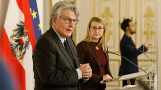 Pressestatements mit EU-Kommissar Thierry Breton und Wirtschaftsministerin Margarete Schramböck