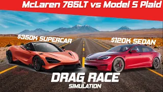 McLaren 765LT vs Model S Plaid | 1/4 Mile | Roll Race | Visualizer