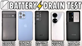 Pixel 6 Pro vs iPhone 13 Pro Max vs S21 Ultra vs P50 Pro vs Vivo X70 Pro+ Battery Life DRAIN Test!