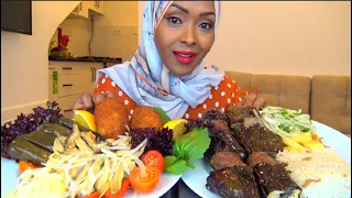 Turkish Food Mukbang (Kabob * Stuffed Grape Leaves* Fried Sardines) * مكبانغ الاكل التركي