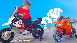 Artem ride on Sportbike and Pretend Play with toys for Kids