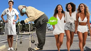 Fat Old Man Farts On People At Beach While Kind Person Tries to Help Him!! (Epic)