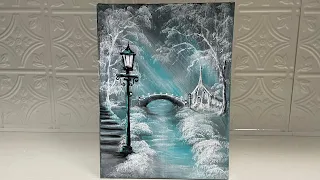 How To Paint MINTY WINTER LANDSCAPE ~ Lamppost ~ Church ~ Bridge & snow