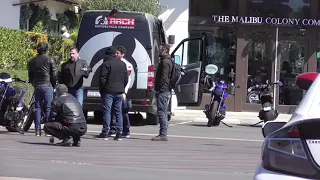 Keanu Reeves showing off his Arch Motorcycle to friends in Malibu!