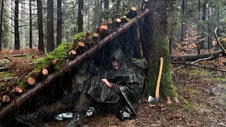 SOLO WINTER SNOWSTORM OVERNIGHT - Survival Shelter Camping, Rainstorm turned to Snow