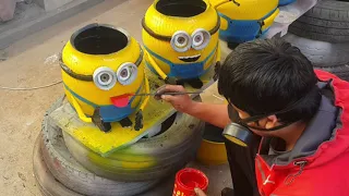 ART ON TIRE TIRES (RUBBER) - HOW TO DO MINIONS - WITH USED TIRES- ART FOR ALL-