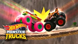 CAN THE MONSTER TRUCKS CROSS THE DANGEROUS RICKETY BRIDGE?! 😱 | Hot Wheels