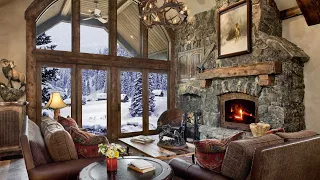 Relax to the Sound of Crackling Firewood in a Fireplace. Log Cabin Ambience in the Snowy Mountains.