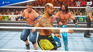 WWE 2K23 - John Cena & AJ Styles vs. Jimmy Uso & Solo Sikoa | Tag Team Match at Hell in a Cell | 4K