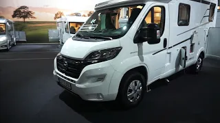 Hymer Exsis T374. Short motorhome with lengthwise beds.