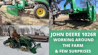 JOHN DEERE 1025R TRACTOR WORKING AROND THE FARM W/ SPECIAL SUPRISE!! - BOX BLADE & TILLER WORK