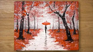 Прогулка под дождем / Техника рисования красной акриловой краской # 448
