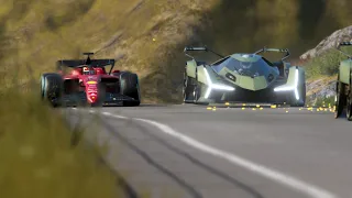 F1 Ferrari F1-75 Charles Leclerc vs Lamborghini V12 Vision GT Battle at Highlands