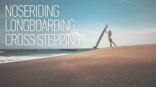 Noseriding Surfing Girl on Bali. Longboarding Cross Step