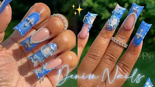 RIPPED DENIM NAILS 👖⛓️✨ | DUCK NAILS | FULL ACRYLIC NAIL TUTORIAL 💙