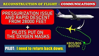 Problem with PRESSURIZATION on 28000 FEET and RAPID DESCENT| United B739 | Boston airport