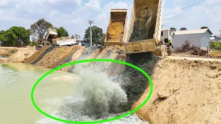 EP20 New Update! Excellent skill Dozer & Dump truck Dumping soil into water to Resize Road on canal