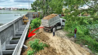 Amazing Project With Smart Bulldozer Pushing Soil Fill Under The Wall With 5T Dump Truck