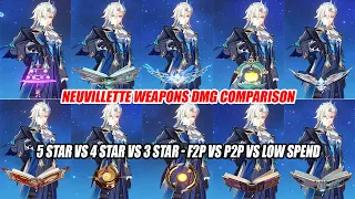 Neuvillette Weapons DMG Comparison : 5 Star vs 4 Star vs 3 Star - F2P vs P2P vs Low Spend