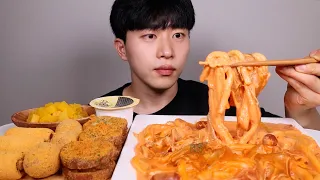 ASMR MUKBANG Korean Rose Tteokbokki(rice cake) sweet cheeseball corndog Eating sound