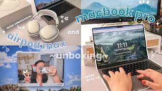 MacBook Pro and Airpod Max Aesthetic Unboxing 💻🎧 setting up + accessories unboxing| Linda Yang