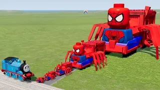 Big & Small LEGO Spider-Man the Train vs Thomas the Tank Engine Train | BeamNG.Drive