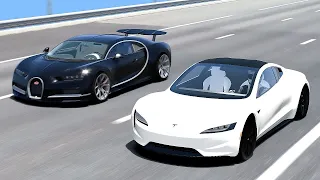 ASSETTO CORSA - TESLA ROADSTER Vs BUGATTI CHIRON BLACK EDITION | 20KM DRAG RACE