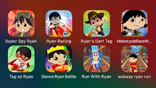 Super Spy Ryan,Ryan Racing,Ryan's Dart Tag,Tag With Ryan,Dance Ryan Battle,Run With Ryan,Subway Ryan