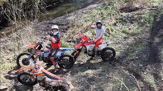 ktm exc 125 exc 250 gasgas ec300 fun afternoon in the woods hill climbs rivers logs an falling of
