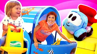 Kids pretend play with toys. Indoor playground, toy slide & ball pit. Kid friendly videos for kids.