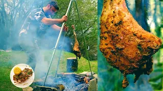 How to Smoke and Slow Roast a Whole Leg of Lamb 3h Near River/Cooking in Nature/Hanging technique/