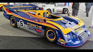 1973 Porsche 917/30 Can-Am car pulling into the paddock after running some laps at Laguna Seca